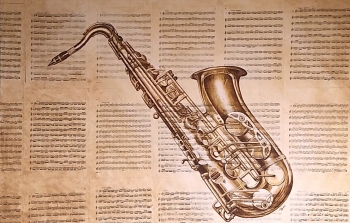 Saxofoon op partituren - Bister en aquarel op doek, 120x80 (2017)