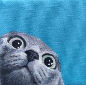 Nieuwsgierige kat - acryl op klein doek, 7x7 cm (2018)