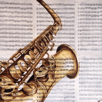 Saxofoon schilderij n°2 op partituren - Dagdromen op Doek