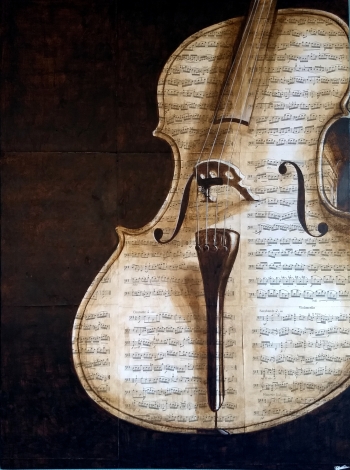 Cello op partituren - Bister op doek, 60x80 (2017)