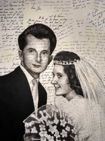 Huwelijksportret van mijn grootouders op oude liefdesbrieven- acryl op doek, 30x40 cm