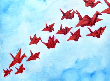 Pursuit of happiness, origami in volle vlucht - écoline op aquarelpapier, 24x32cm (2018)