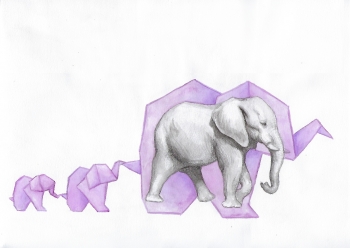 Olifant en origami - aquarel en potlood op aquarelpapier, 24x32cm (2018)