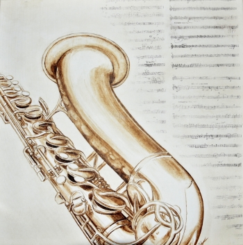 Saxofoon schilderij op partituren - Dagdromen op Doek