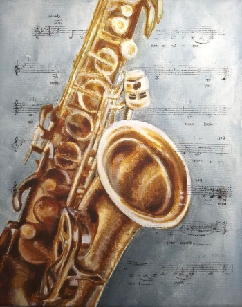 Saxofoon schilderij op partituren 'my funny valentine' - Dagdromen op Doek