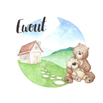Geboortekaartje Ewout (2021) - lief handgeschilderd geboortekaartje met beertje en landschap. Op maat en met liefde gemaakt.