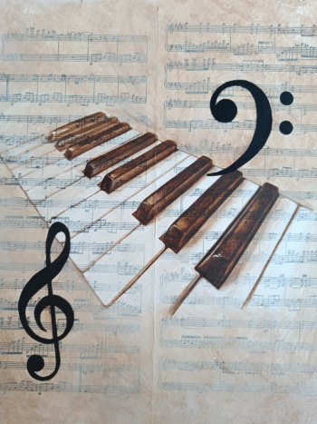 Piano op partituren - Bister en aquarel op doek, A4 (2023)